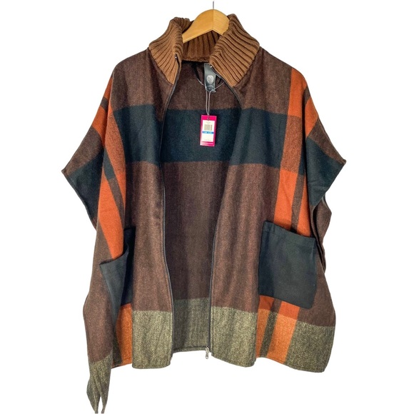 Vince Camuto Fall Plaid Zip Poncho Kimono Sweater Ribbed Knit Collar OS - Picture 2 of 6